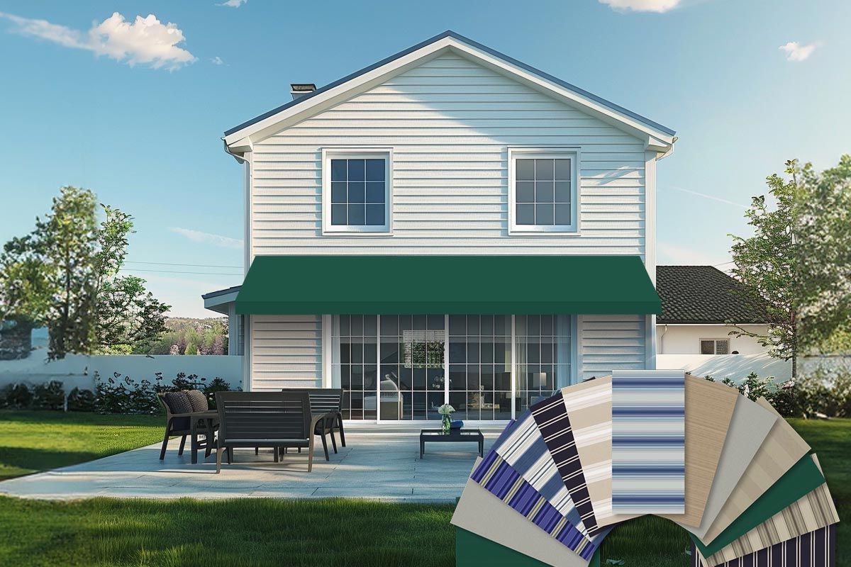 A green Sunesta awning over a patio with a fan of striped fabric swatches