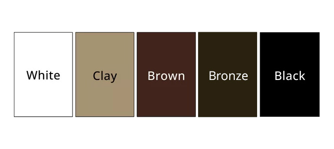 Sunesta screen frame colors: white, clay, brown, bronze, and black