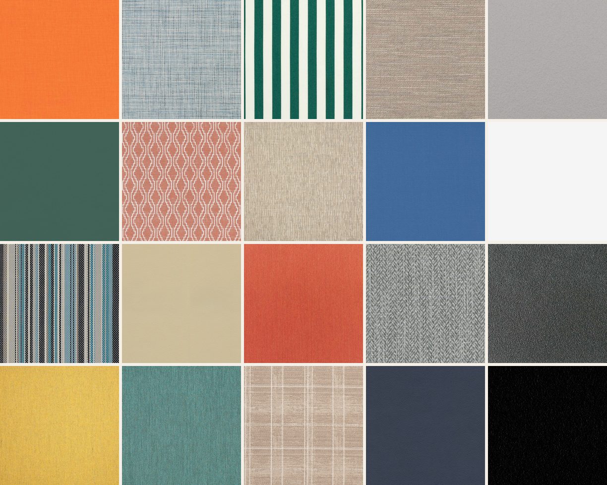 A grid of real outdoor fabric swatches and frame finishes — solids, stripes, textures, and a trellis print