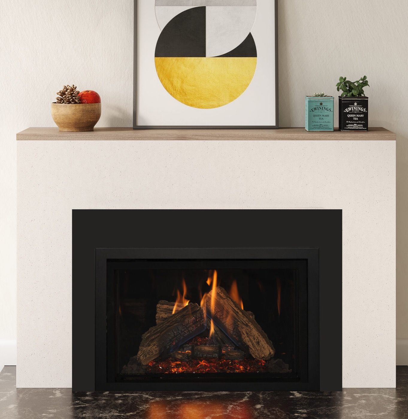 A Kozy Heat gas insert burning below a timber mantel