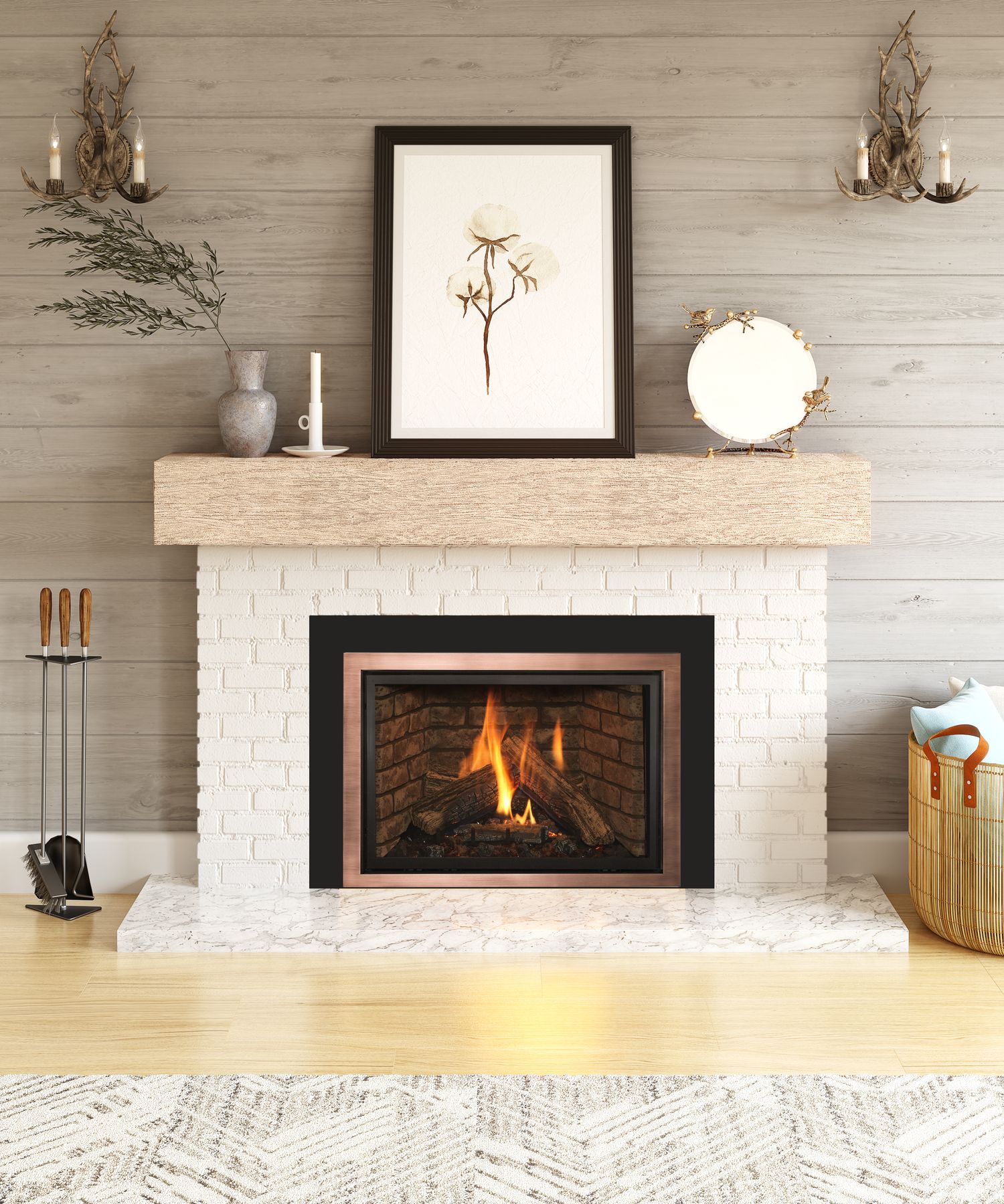 A gas fireplace burning in a cozy living room with leather chairs