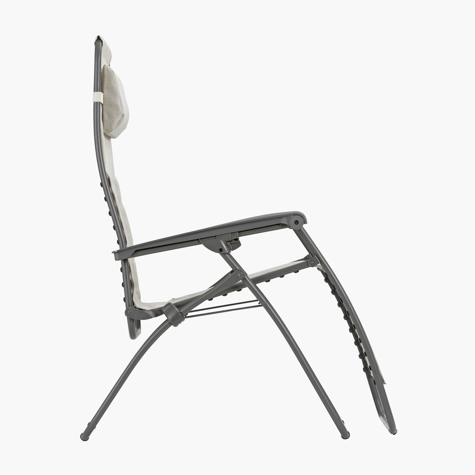 A Lafuma folding steel-frame recliner with a padded sling seat