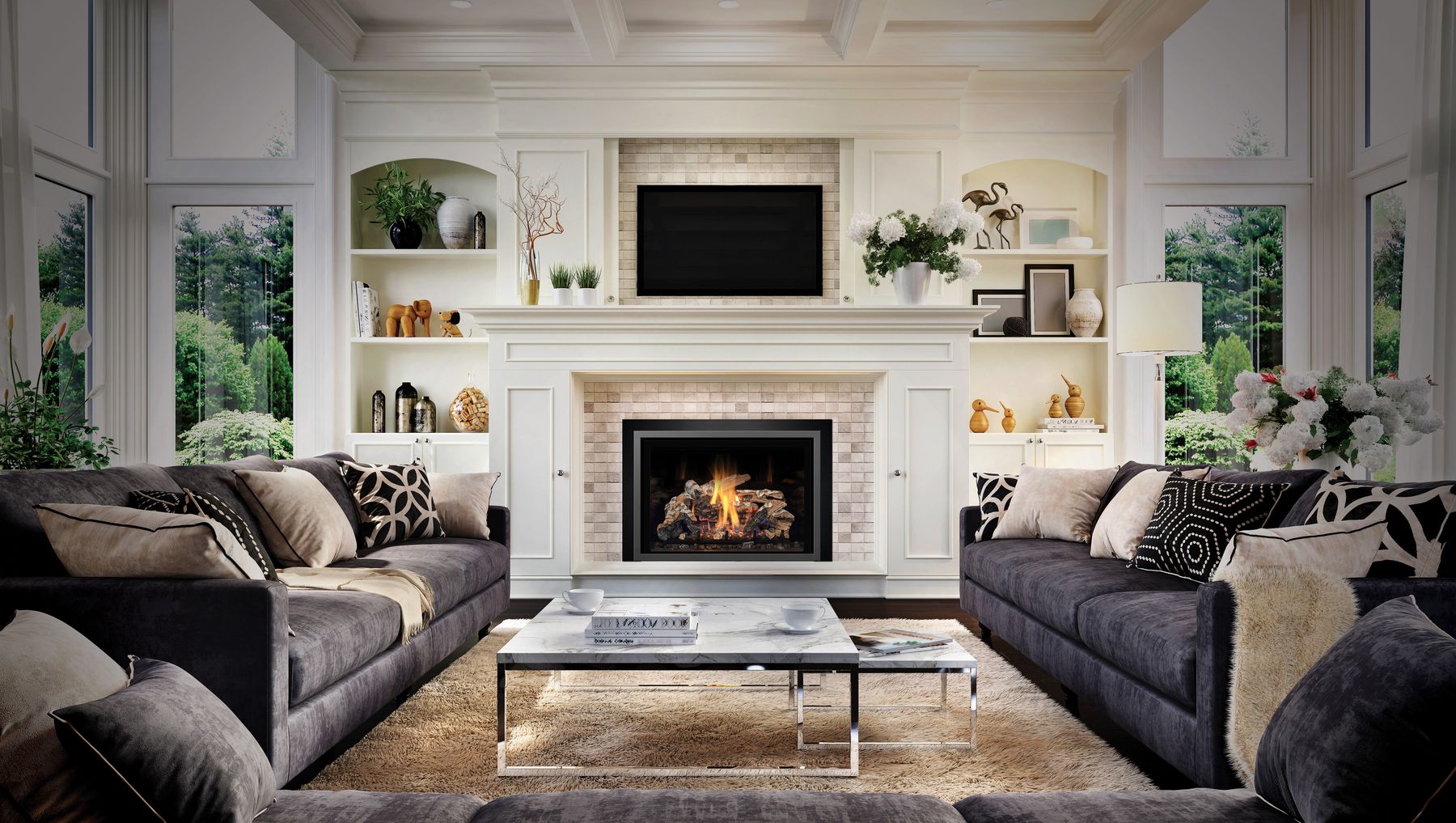 Mendota FV-44i gas fireplace insert in a white built-in living room wall
