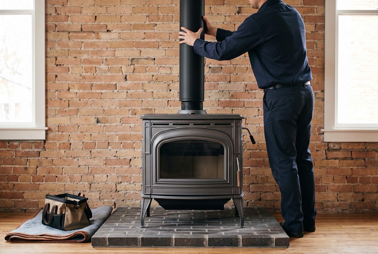 A technician connecting black vent pipe to a cast-iron wood stove on a brick hearth
