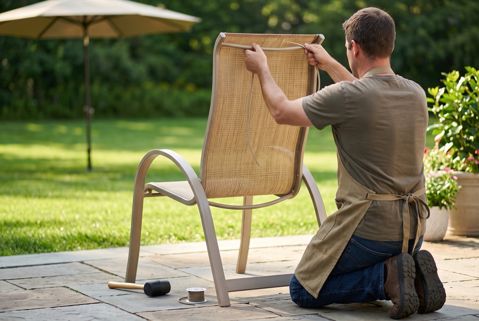 New sling fabric being fitted onto a patio chair frame on a sunny backyard patio