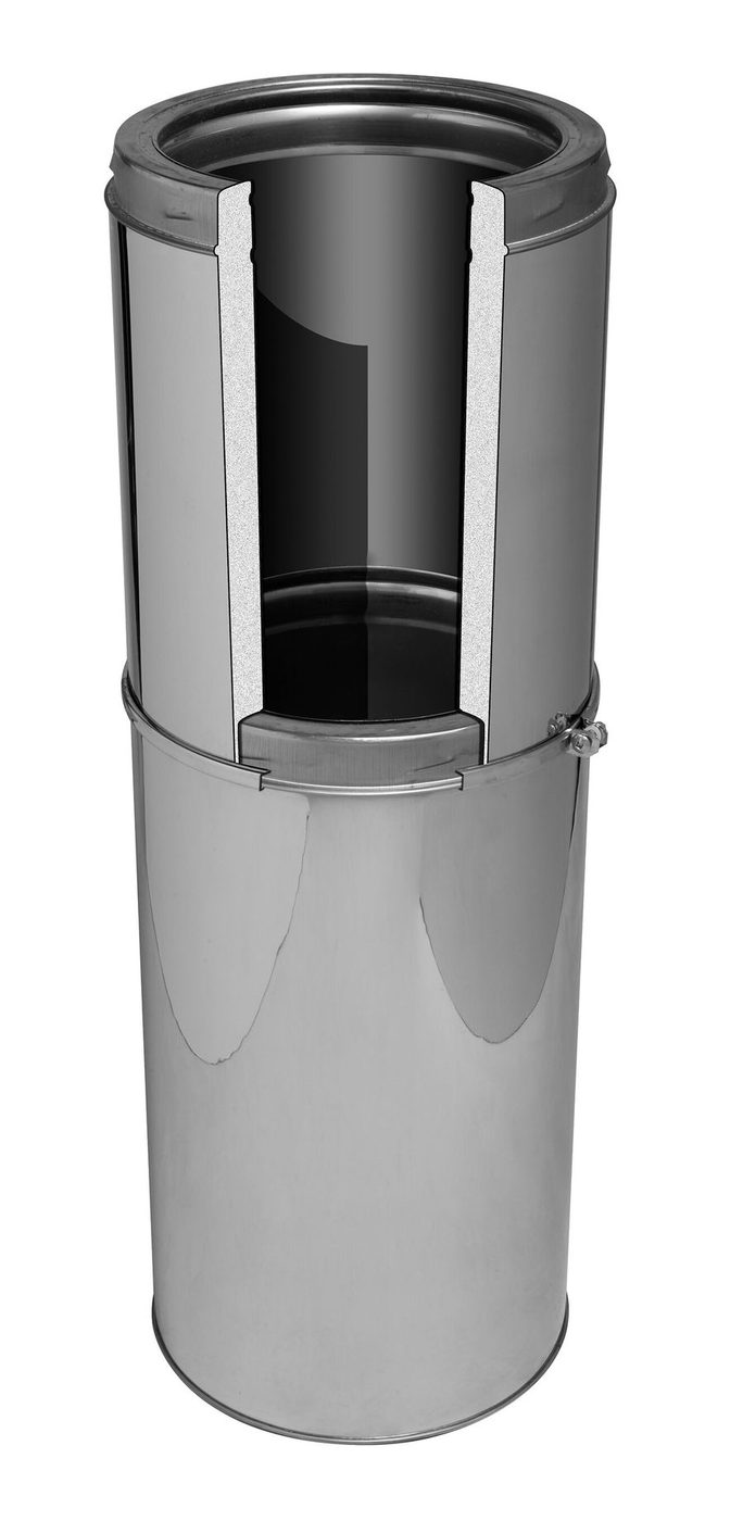 Cutaway of AmeriVent TLC chimney pipe showing the stainless liner, insulation, and outer casing