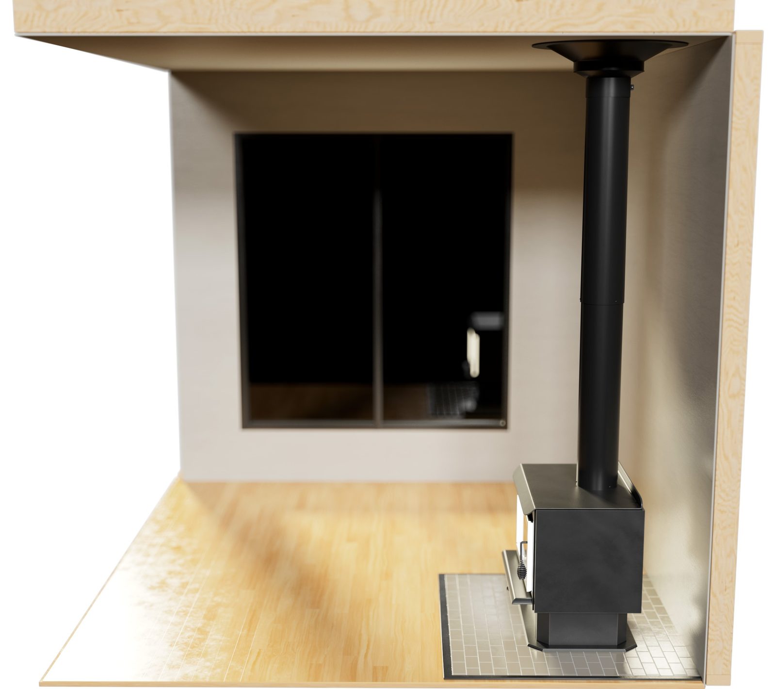 Rendering of a wood stove with Selkirk Ultimate StovePipe running straight up through the ceiling