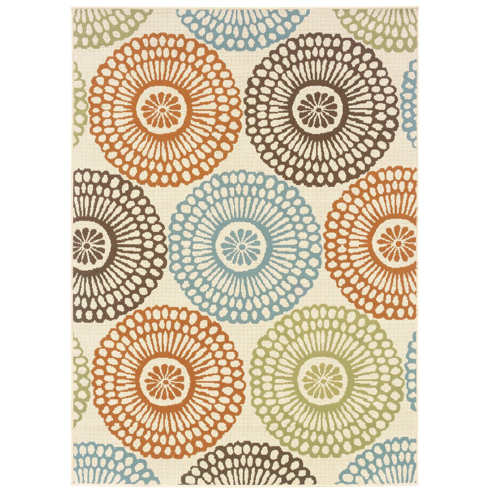 Montego Orange/Blue/Green/Brown Round Floral Outdoor Rug (697J)