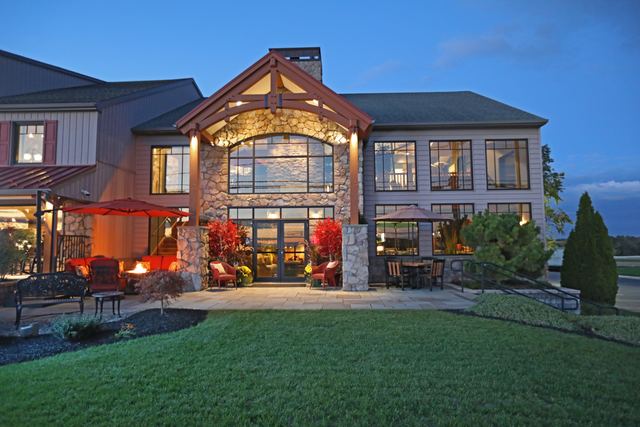 The front entrance at dusk