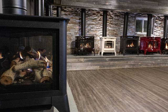 Wood and gas stoves on the stone display
